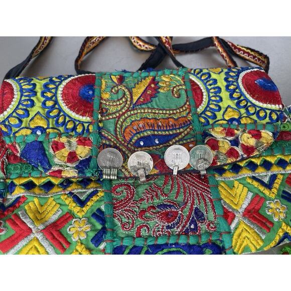 Vintage Boho Banjara Crossbody Handbag Festive Sequin Embroidery Coin Accent - Picture 4 of 9